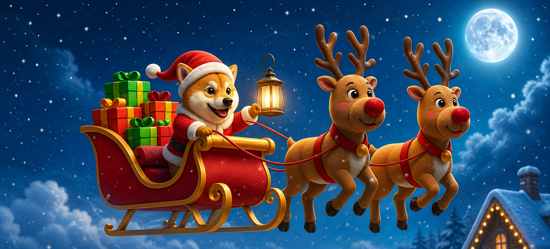 Santa Inu flying in a sleigh pulled by red-nosed reindeer through a starry Christmas night sky
