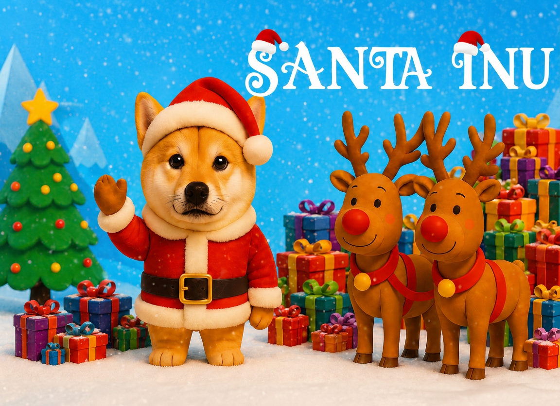 Santa Inu, a Shiba Inu dressed as Santa, waving beside two reindeer, a decorated tree and presents in the snow